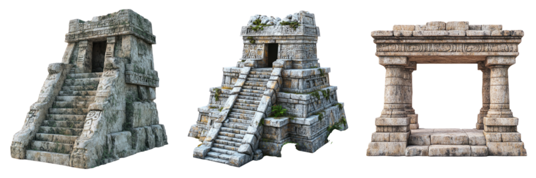 Mayan-style step temples in stone texture isolated on transparent PNG image perfect for ancient history learning or RPG maps