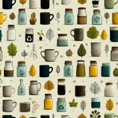 Seamless Hand-Drawn Eco Pattern with Jars, Mugs and Leaves

