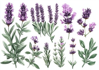 A set of lavender flowers is illustrated in watercolor as a hand-drawn bouquet on a white background, isolated from other elements