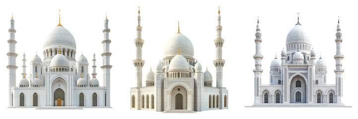 Fototapeta premium White domed mosques and Islamic architecture isolated on transparent PNG image perfect for cultural education or religious visuals