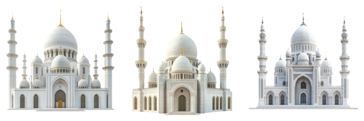 White domed mosques and Islamic architecture isolated on transparent PNG image perfect for cultural education or religious visuals