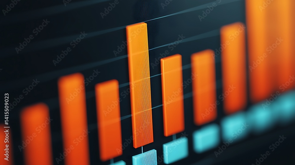 Poster abstract bar chart visualization: upward trend displayed with orange and blue blocks on a dark backg