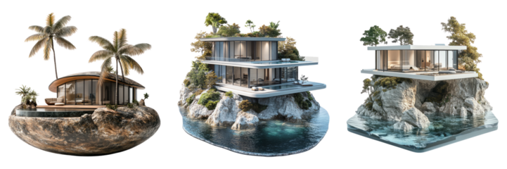 Overwater villas and beach resorts isolated on transparent PNG image perfect for luxury travel advertisements or tropical guides