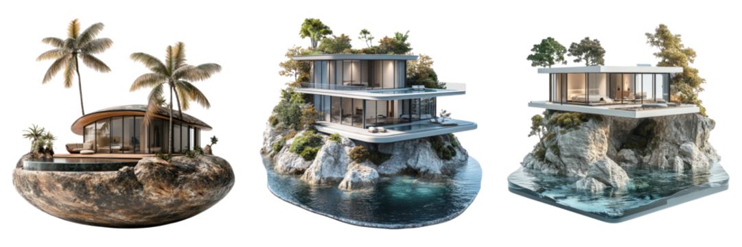 Overwater villas and beach resorts isolated on transparent PNG image perfect for luxury travel advertisements or tropical guides