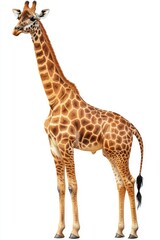 Obraz premium An illustration of a giraffe, created in watercolor, is set on a white background and features African animals