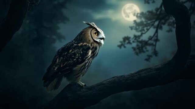 A large owl perched on a tree branch in the dark of night.  Smooth repeating motion for background video animation