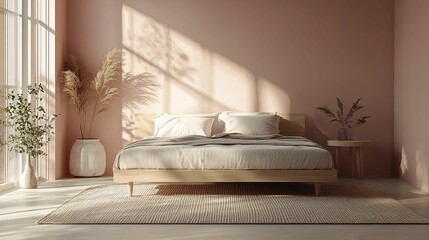 Rustic, modern bedroom bathed in morning sunlight.
