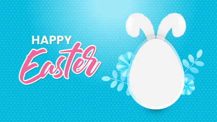 Happy Easter Blue banner website. Place for text. greeting card, poster, flyer, Social Media Post. Festive Easter Background. Trendy Easter day design. Egg Hunt backdrop. Egg with Bunny Ears.
