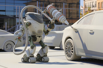 Innovative Painter Robot Enhancing Automotive Aesthetics with Precision Spraying Technology in a Modern Garage Environment