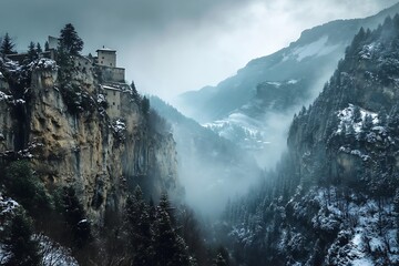 Majestic mountain fortress shrouded in winter fog, a breathtaking alpine landscape.