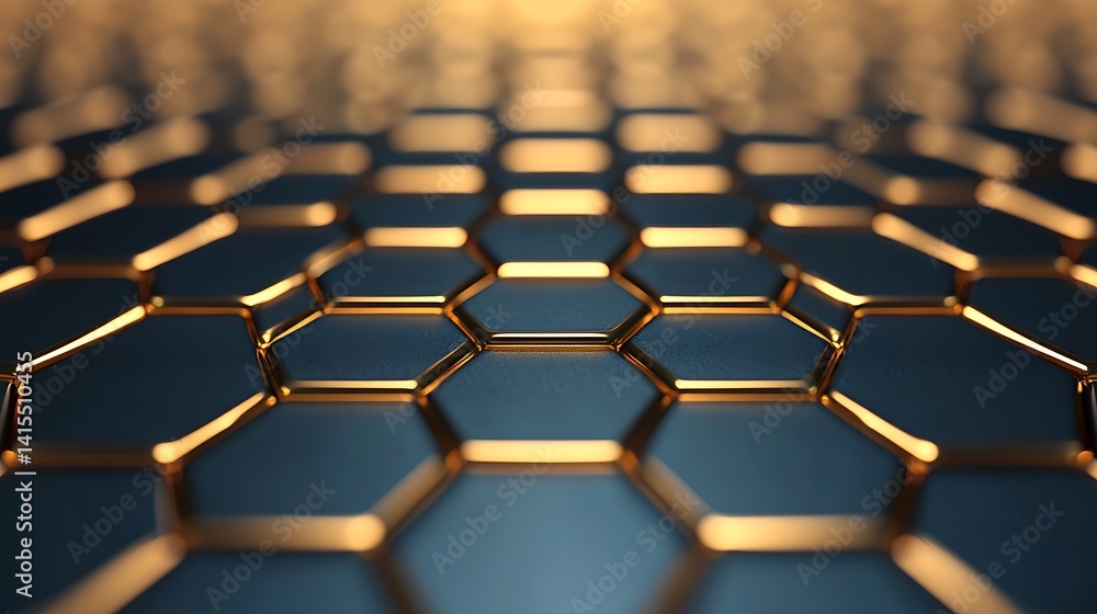 Aufkleber abstract golden geometric hexagon pattern with depth of field and dark blue background texture, cont