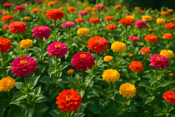 Fototapeta premium Colorful Flower Field with Vibrant Zinnias in Full Bloom