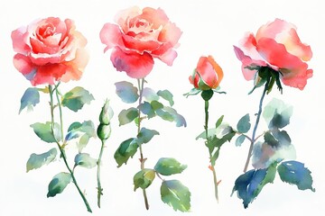 Obraz premium Isolated on a white background, the image showcases roses, presented in a watercolor clipart style, combined with hand drawing and botanical illustration