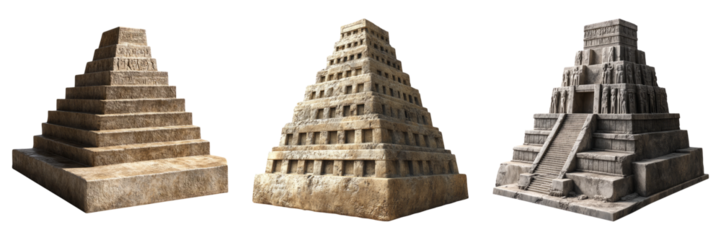 Ancient ziggurat pyramids in stepped stone texture isolated on transparent PNG image perfect for mythology or civilization studies