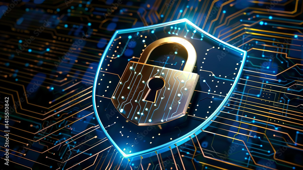 Poster a security circuit and digital network surround a central cyber lock icon