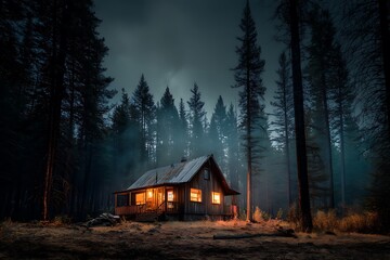 A solitary cabin nestled deep within a dark and foggy forest, bathed in the warm glow of its windows, creating a sense of mystique and tranquility.