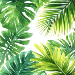 This pattern showcases a seamless blend of tropical green leaves and watercolor floral elements