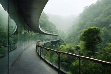 Obraz premium Serene curved walkway amidst misty mountains, showcasing modern architecture and lush greenery.