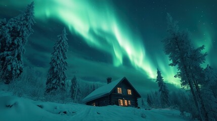 Winter wonderland cabin bathed in vibrant aurora borealis lights. Snow-covered forest at night.