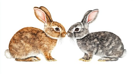 Obraz premium Adorable creature, featuring bunnies set against a plain white background, with a watercolor bunny illustration