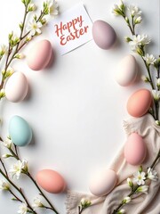 Easter flat lay with pastel eggs and willow branches