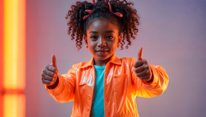 A mischievous charming and beautiful girl shows a thumb up. Give me five