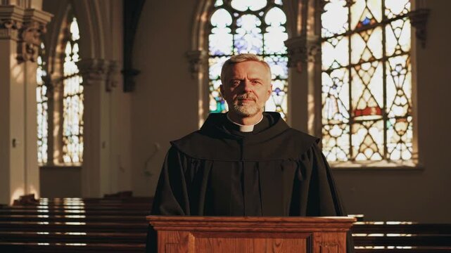 Middle-Aged Priest Giving Eulogy in Church