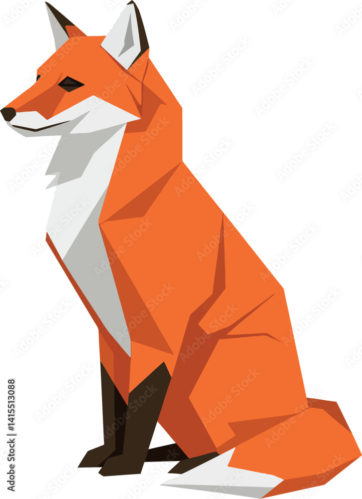 Poster red fox sitting calmly with alert expression in minimal geometric flat style vector illustration
