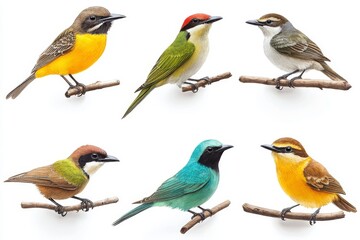 Fototapeta premium A watercolor illustration featuring tropical birds including parrot, toucan, hummingbird, and hornbill set against an isolated background, created by hand