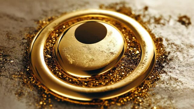 A gold circle with a black dot in the center. The circle is surrounded by gold dust. The gold circle is the main focus