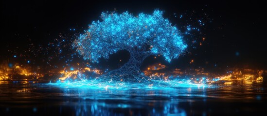 Glowing Tree Night Scene, City Background, Digital Art