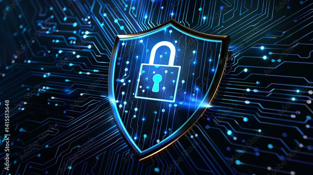 Poster the central cyber lock icon is framed by a complex digital web and security infrastructure