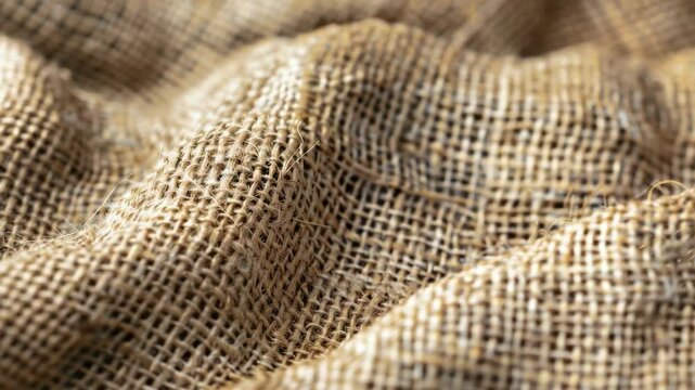 Close-up of textured burlap fabric, showing its natural fiber composition and woven structure.