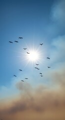 Obraz premium Clean Sky with Birds Flying vs. Smoke-Filled Sky from Wildfires