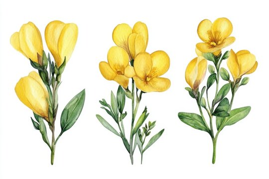 Tropical flowers in watercolor style are isolated on a white background, featuring a botanical painting of a floral set with yellow freesia and orchid