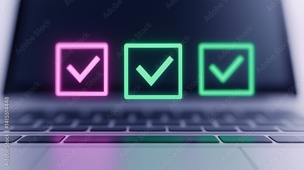 Poster checkmarks on laptop keyboard: completion, verification, and approval in digital forms with pink and