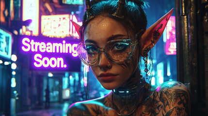 Obraz premium Elf-Themed Cyberpunk Portrait in Neon Urban Setting 