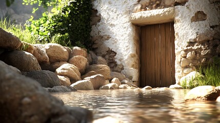 Rustic stone building, wooden door, stream