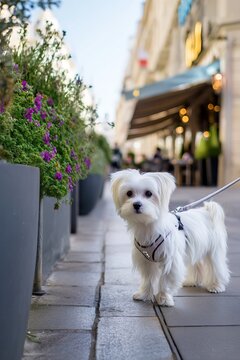 Adorable White Maltese Dog on Leash Standing on European Street Sidewalk Near Caf&eacute; and Flower Pots in Bright Daylight