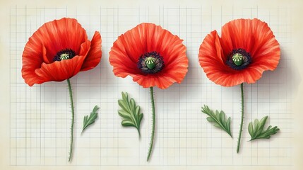 The watercolor illustration features red flowers, including poppy, buds, and leaves, set against a white background as a floral clipart for summer