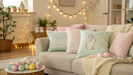 Colorful Easter eggs with candies and sugar sprinkles on green background