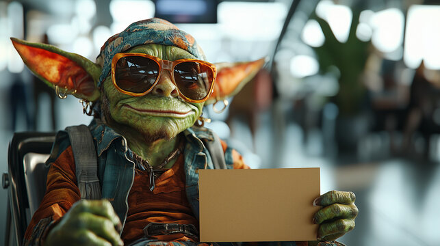 hipster goblin waiting at airport holding blank signboard 