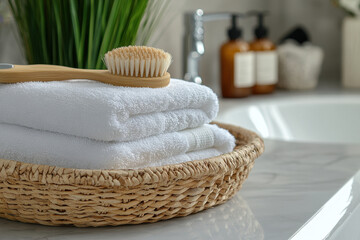 Basket with towels and a toothbrush on a wooden bench in a sunny bathroom.