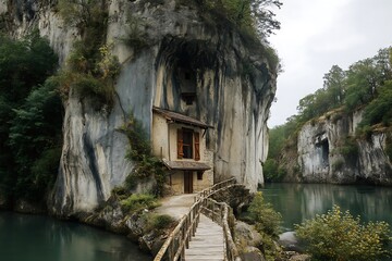 A secluded house nestled into a cliff face overlooking a serene river, offering a tranquil escape.