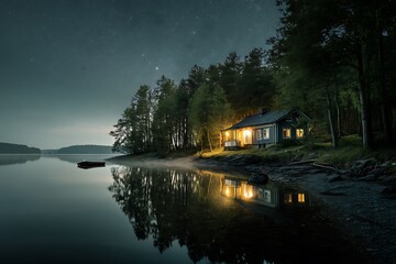 Fototapeta premium A cozy cabin glows warmly by the tranquil lake under a starlit night sky, offering a peaceful escape.