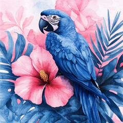 Fototapeta premium Watercolor illustration featuring a tropical seamless pattern with protea flowers, palm leaves, and a cockatoo bird, ideal for design backgrounds