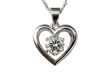 Elegant heart-shaped pendant with a sparkling diamond centerpiece on a silver chain.