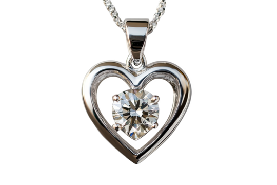 Elegant heart-shaped pendant with a sparkling diamond centerpiece on a silver chain.