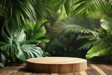 Wooden table with green plant in background.
