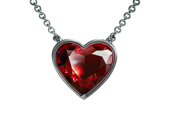Elegant heart-shaped ruby gemstone pendant on silver chain, isolated on white background.